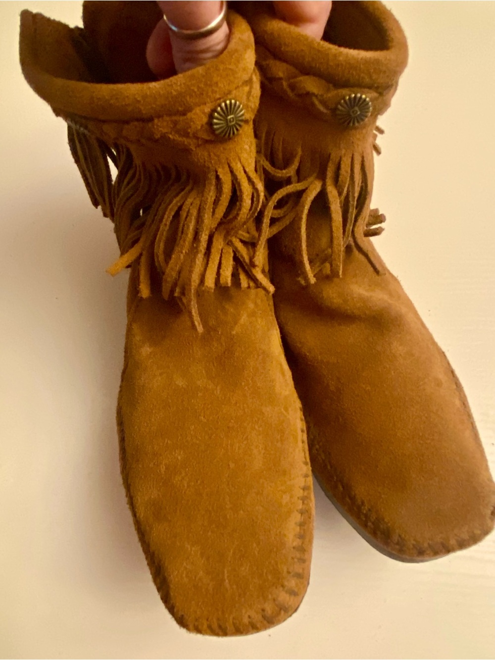 Minnetonka Fringe Suede Ankle Boots in Brown
